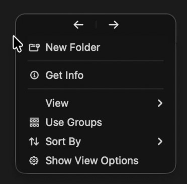 Finder’s context menu with compact Back and Forward arrow controls attached at the top