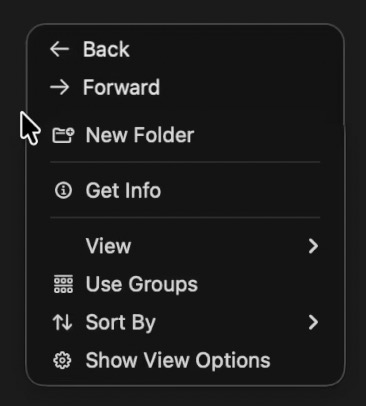 Finder’s context menu with Back and Forward text controls attached at the top