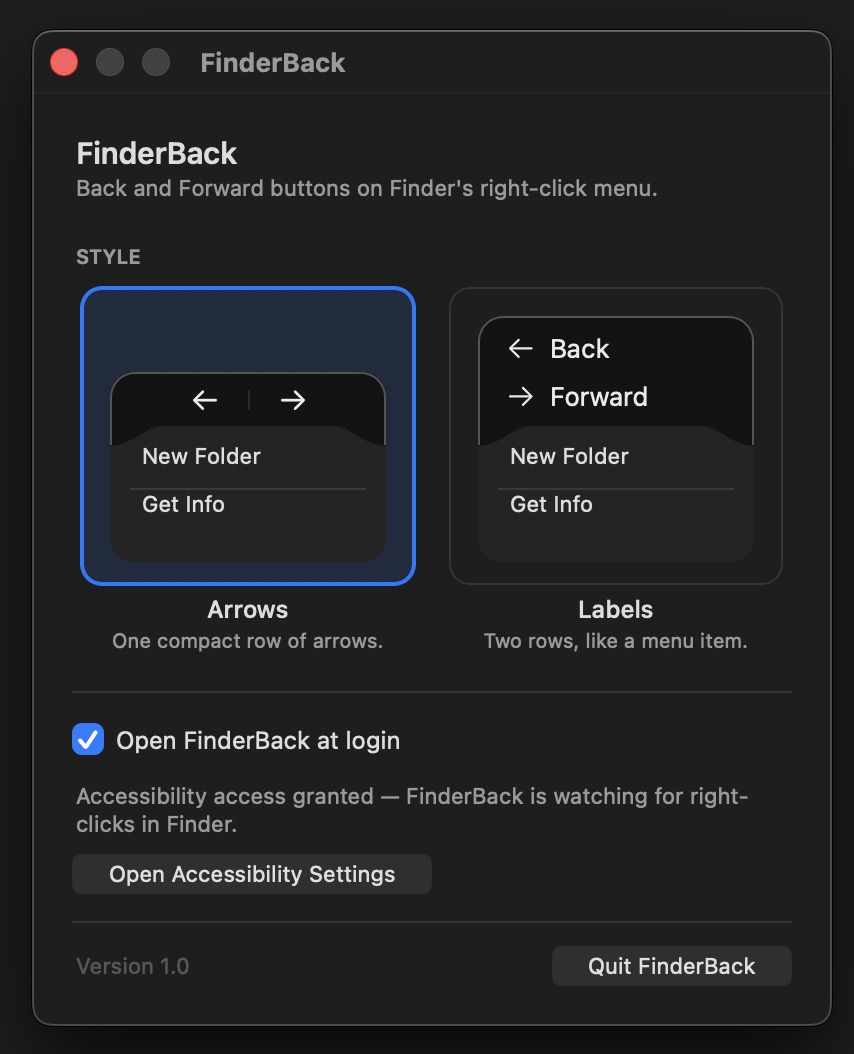 FinderBack settings showing both styles, Open at Login, and the Accessibility permission status
